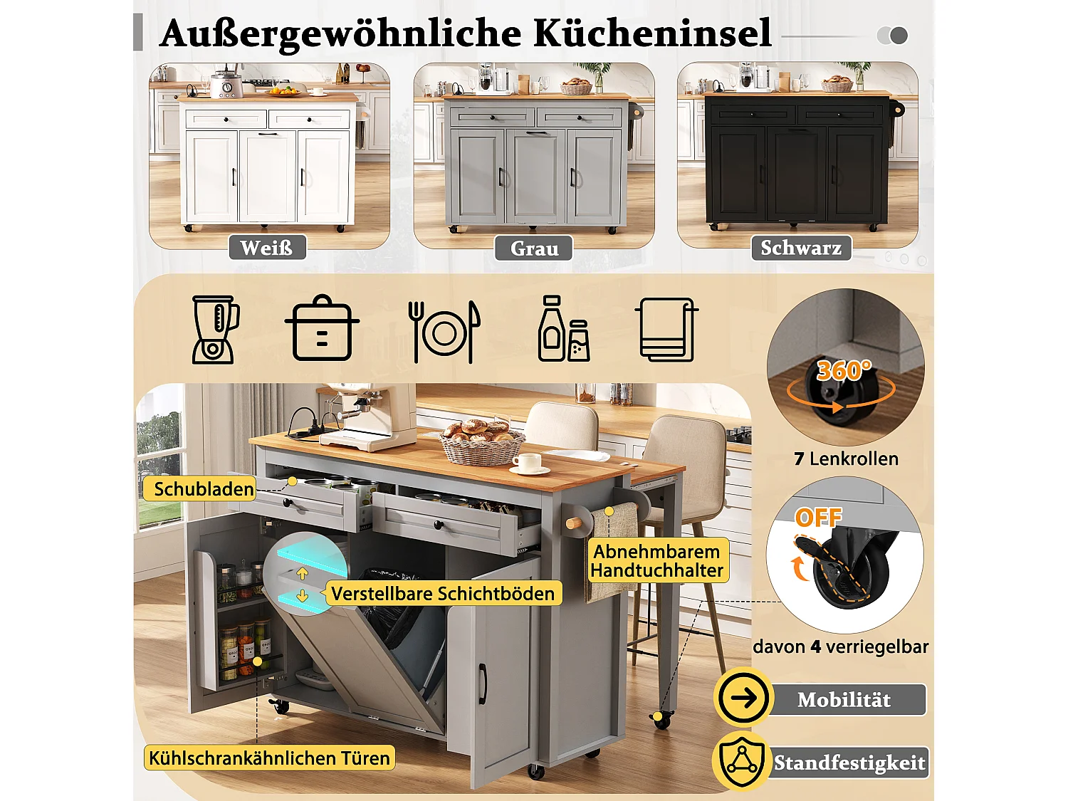 Isla de cocina móvil extensible - 120 x 40/75 x 92 cm - con 3 puertas + 2 cajones - MDF - gris