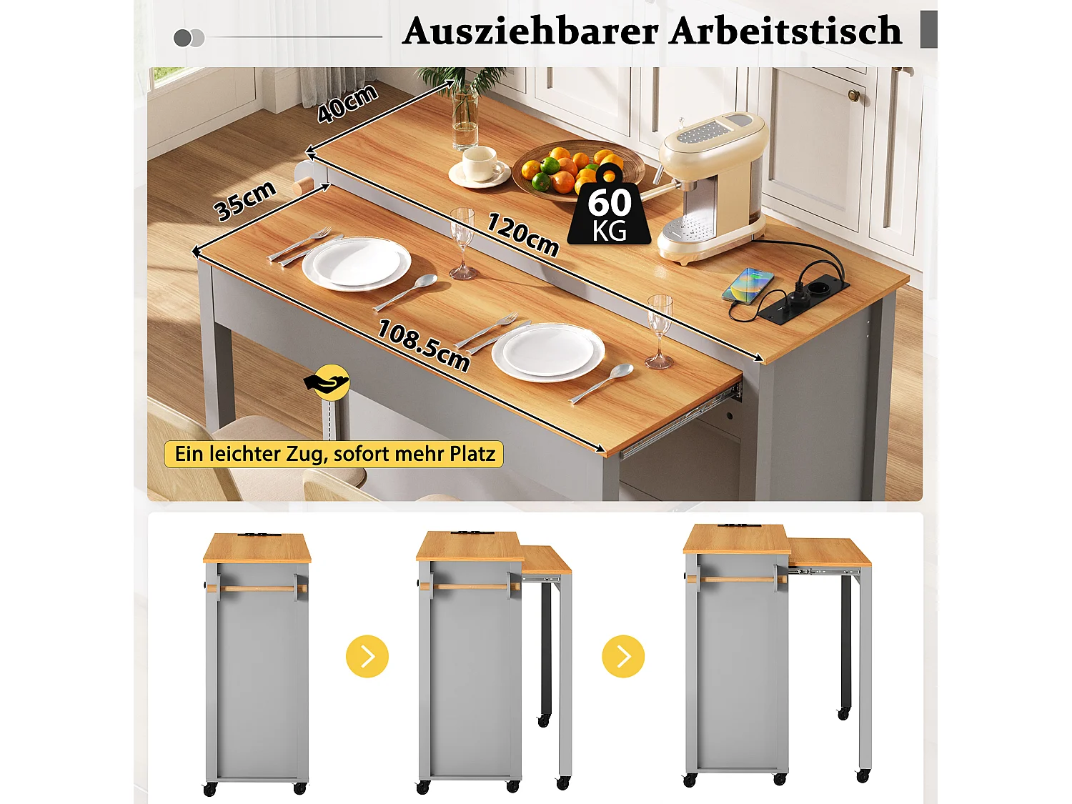 Isla de cocina móvil extensible - 120 x 40/75 x 92 cm - con 3 puertas + 2 cajones - MDF - gris