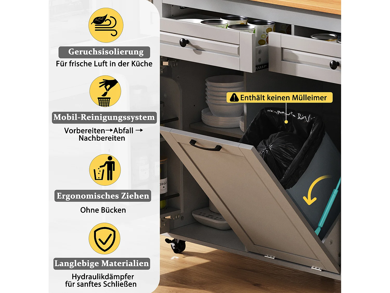 Isla de cocina móvil extensible - 120 x 40/75 x 92 cm - con 3 puertas + 2 cajones - MDF - gris