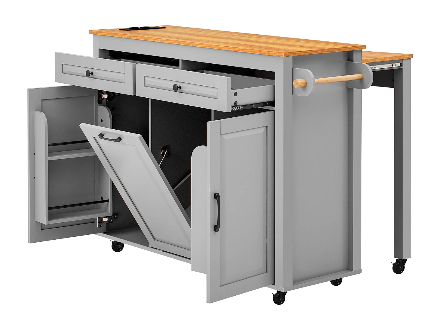 Isla de cocina móvil extensible - 120 x 40/75 x 92 cm - con 3 puertas + 2 cajones - MDF - gris