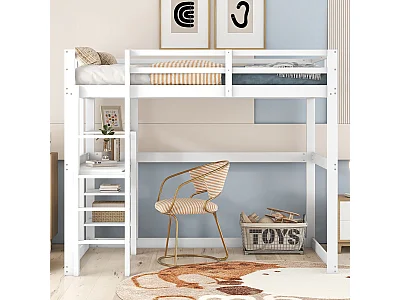 Lit mezzanine pour enfant - 140 x 200 cm - avec bureau et étagère de rangement - pin - blanc