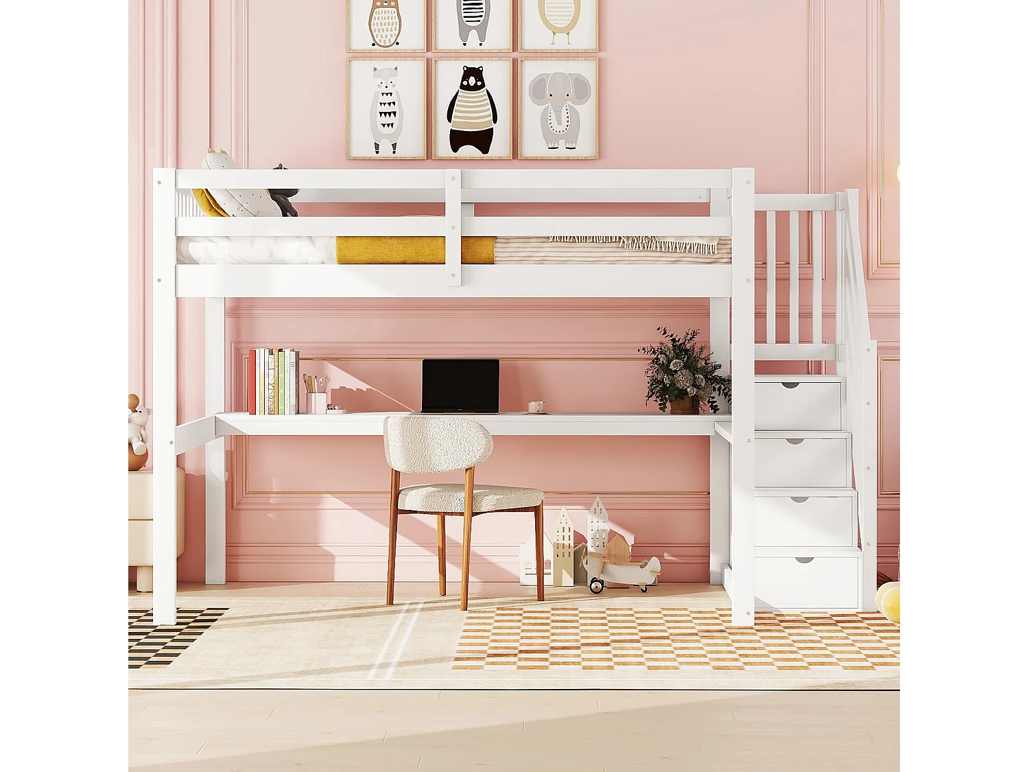 Lit mezzanine enfant - 140 x 200 cm - avec bureau et escalier de rangement - bois - blanc