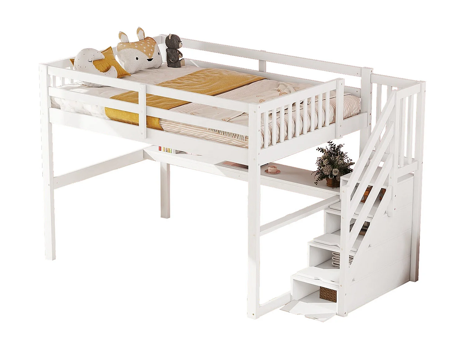 Lit mezzanine enfant - 140 x 200 cm - avec bureau et escalier de rangement - bois - blanc