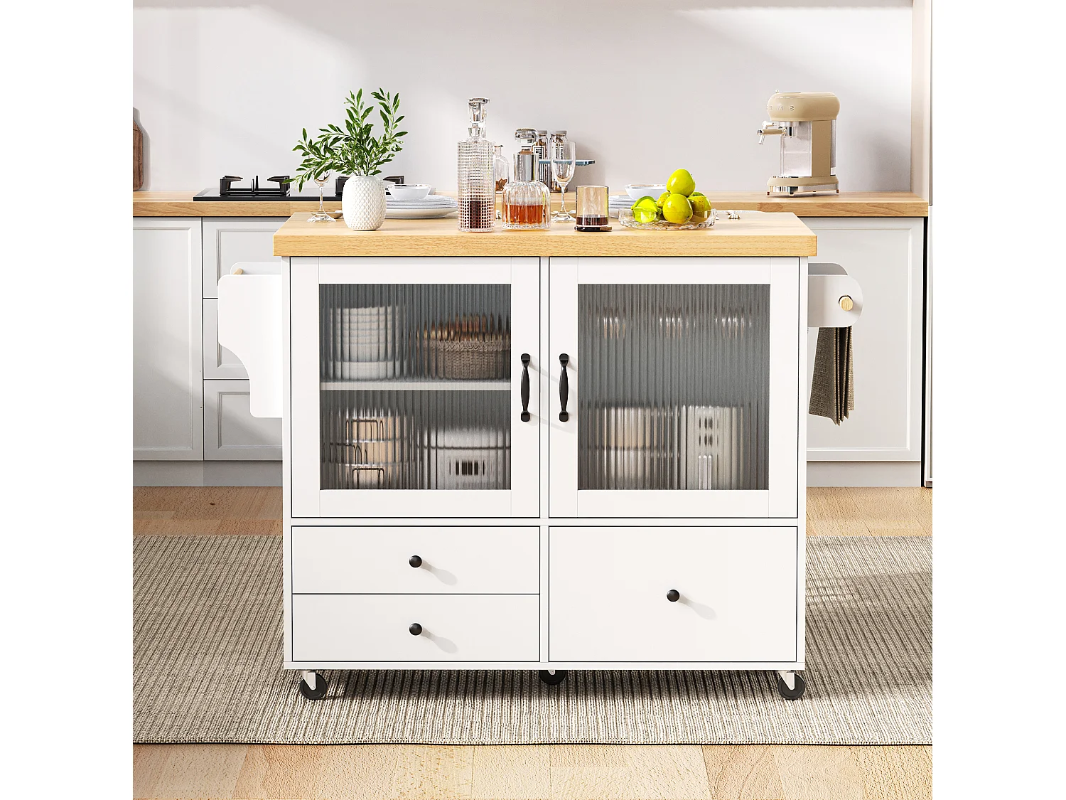 Mobile Kücheninsel mit ausziehbarem Esstisch – 100 x 42/70 x 91,5 cm – mit Türen und 3 Schubladen – MDF – weiß + natur