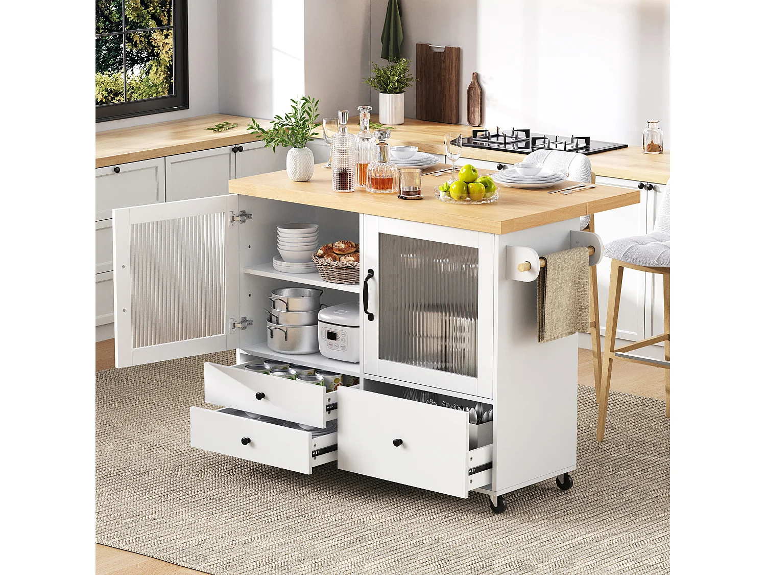 Mobile Kücheninsel mit ausziehbarem Esstisch – 100 x 42/70 x 91,5 cm – mit Türen und 3 Schubladen – MDF – weiß + natur