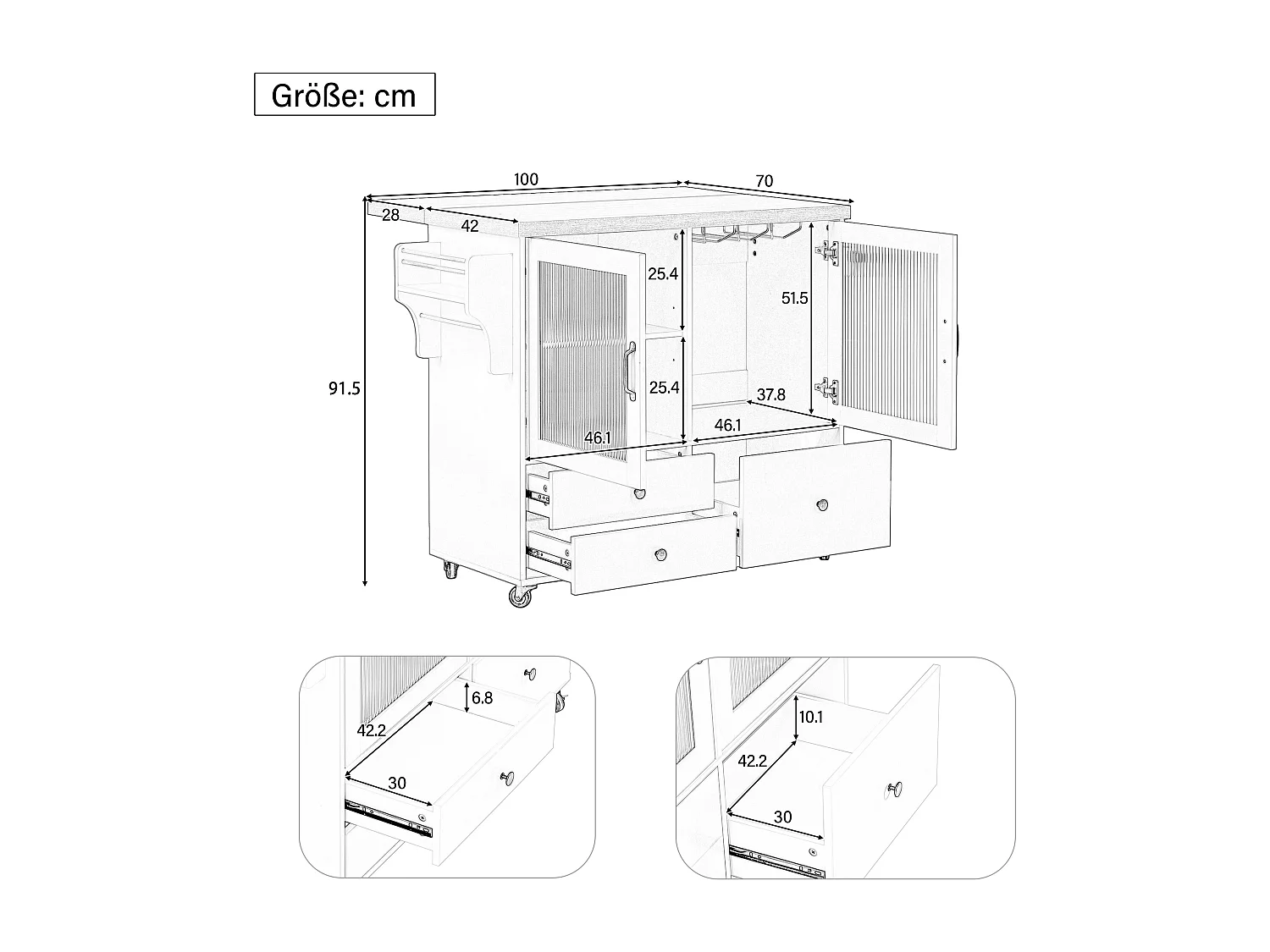 Mobile Kücheninsel mit ausziehbarem Esstisch – 100 x 42/70 x 91,5 cm – mit Türen und 3 Schubladen – MDF – weiß + natur