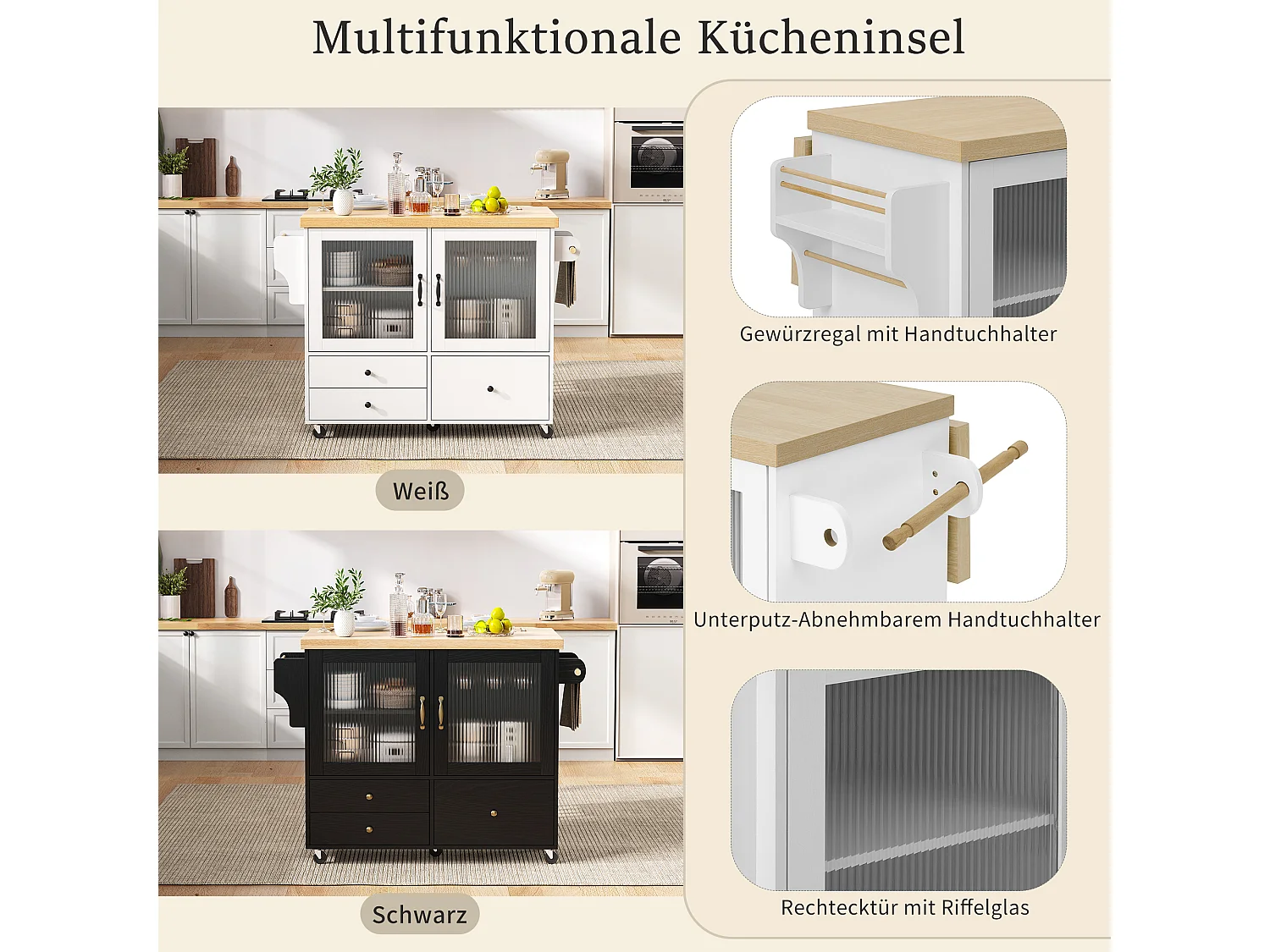 Mobile Kücheninsel mit ausziehbarem Esstisch – 100 x 42/70 x 91,5 cm – mit Türen und 3 Schubladen – MDF – weiß + natur