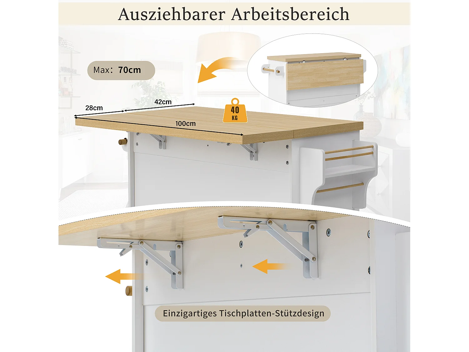 Mobile Kücheninsel mit ausziehbarem Esstisch – 100 x 42/70 x 91,5 cm – mit Türen und 3 Schubladen – MDF – weiß + natur