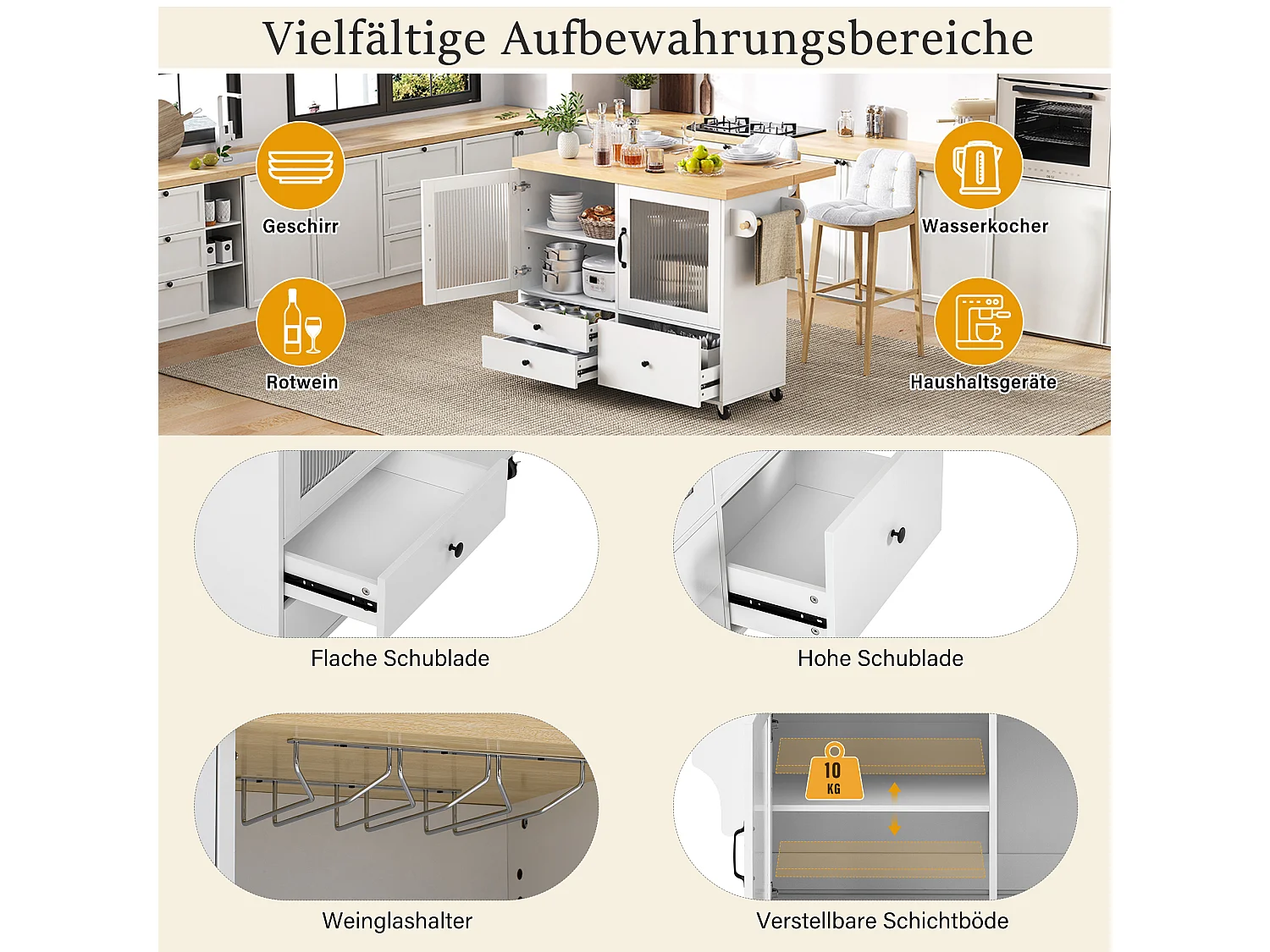 Mobile Kücheninsel mit ausziehbarem Esstisch – 100 x 42/70 x 91,5 cm – mit Türen und 3 Schubladen – MDF – weiß + natur