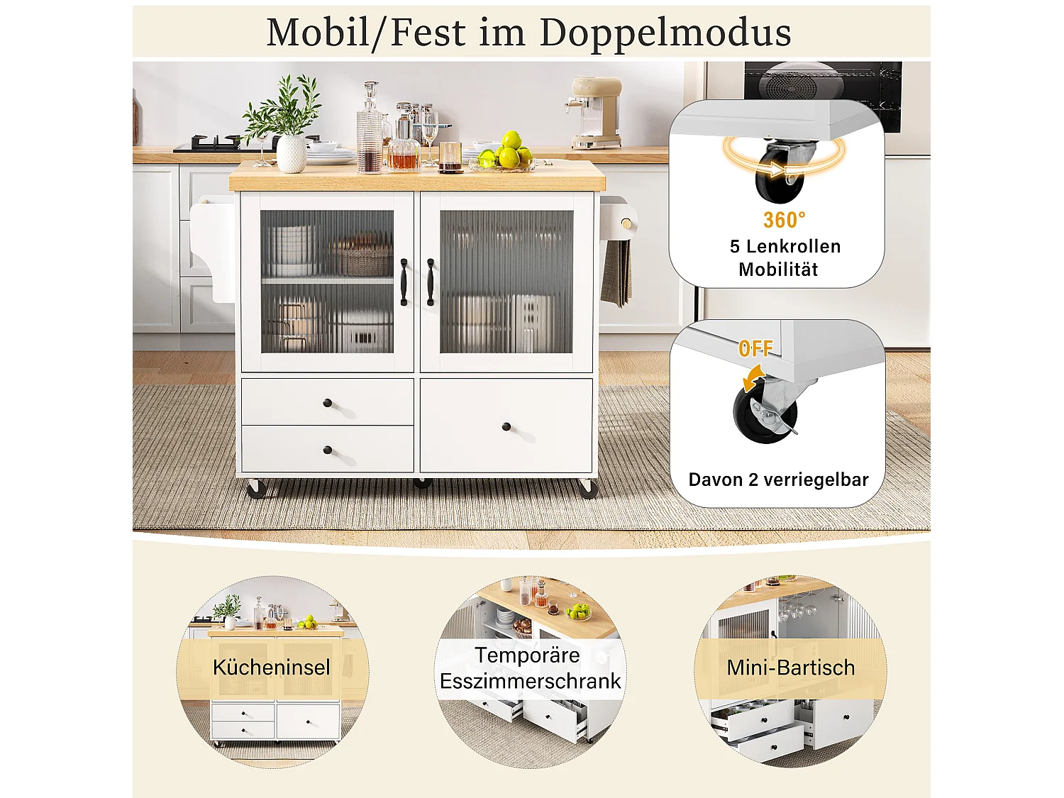 Mobile Kücheninsel mit ausziehbarem Esstisch – 100 x 42/70 x 91,5 cm – mit Türen und 3 Schubladen – MDF – weiß + natur