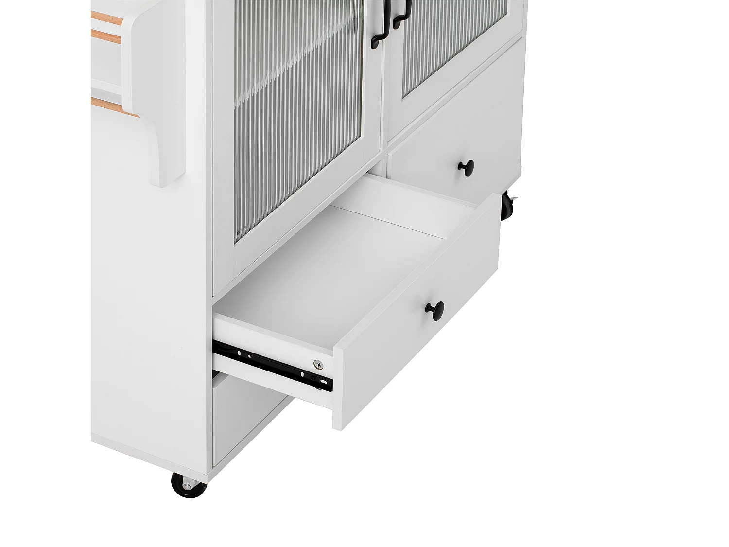 Mobile Kücheninsel mit ausziehbarem Esstisch – 100 x 42/70 x 91,5 cm – mit Türen und 3 Schubladen – MDF – weiß + natur