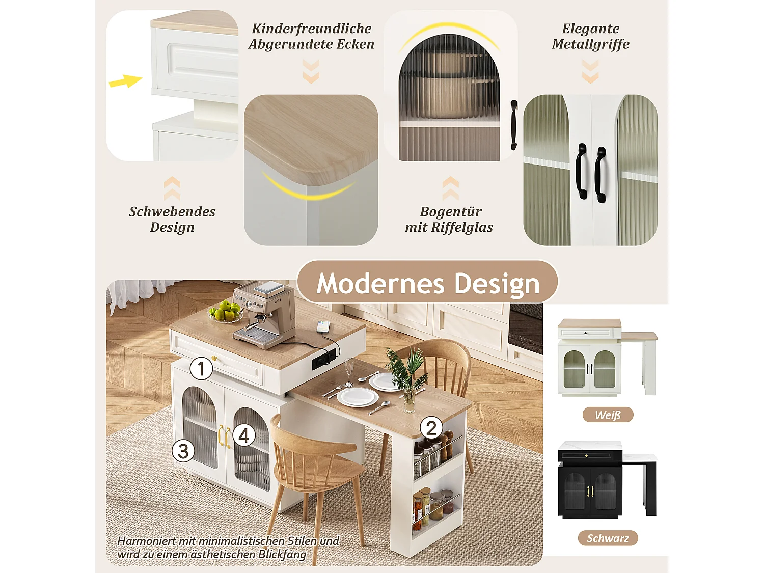 Isla de cocina con ruedas - 128 x 71 x 92 cm - mesa de comedor extensible con LED + puertas + cajón - MDF + cristal - blanco