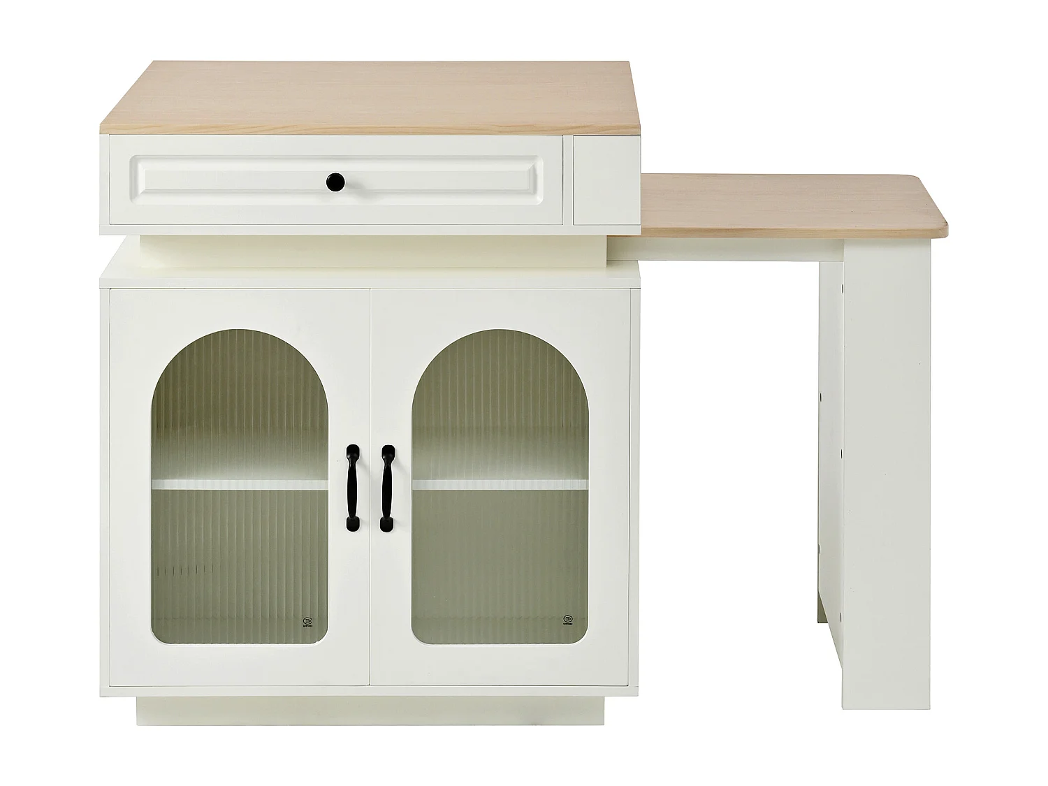 Isla de cocina con ruedas - 128 x 71 x 92 cm - mesa de comedor extensible con LED + puertas + cajón - MDF + cristal - blanco