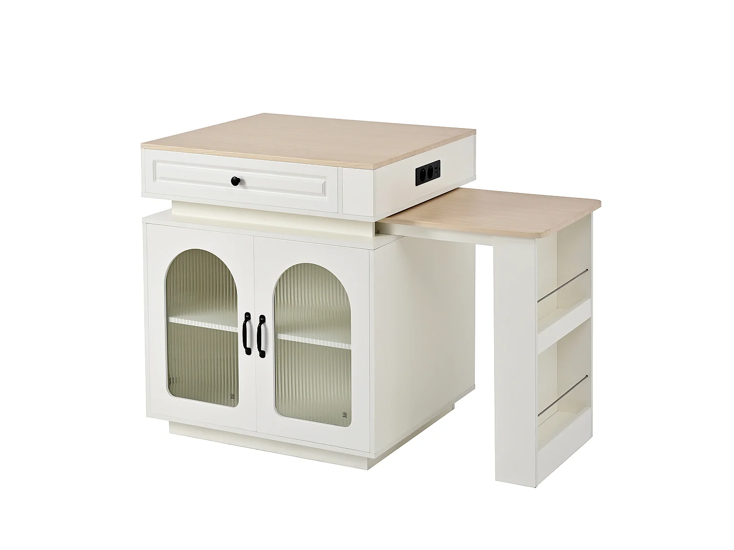 Îlot central sur roulettes - 128 x 71 x 92 cm - table à manger extensible avec Leds + portes + titoir - MDF + verre - blanc