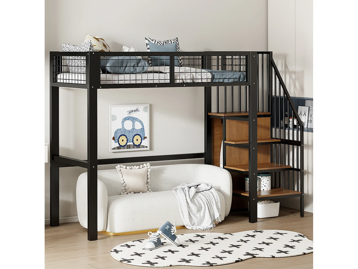 Hochbett aus Metall für Kinder – 90 x 200 cm – mit Leiter und Kleiderschrank – Eisengestell – schwarz