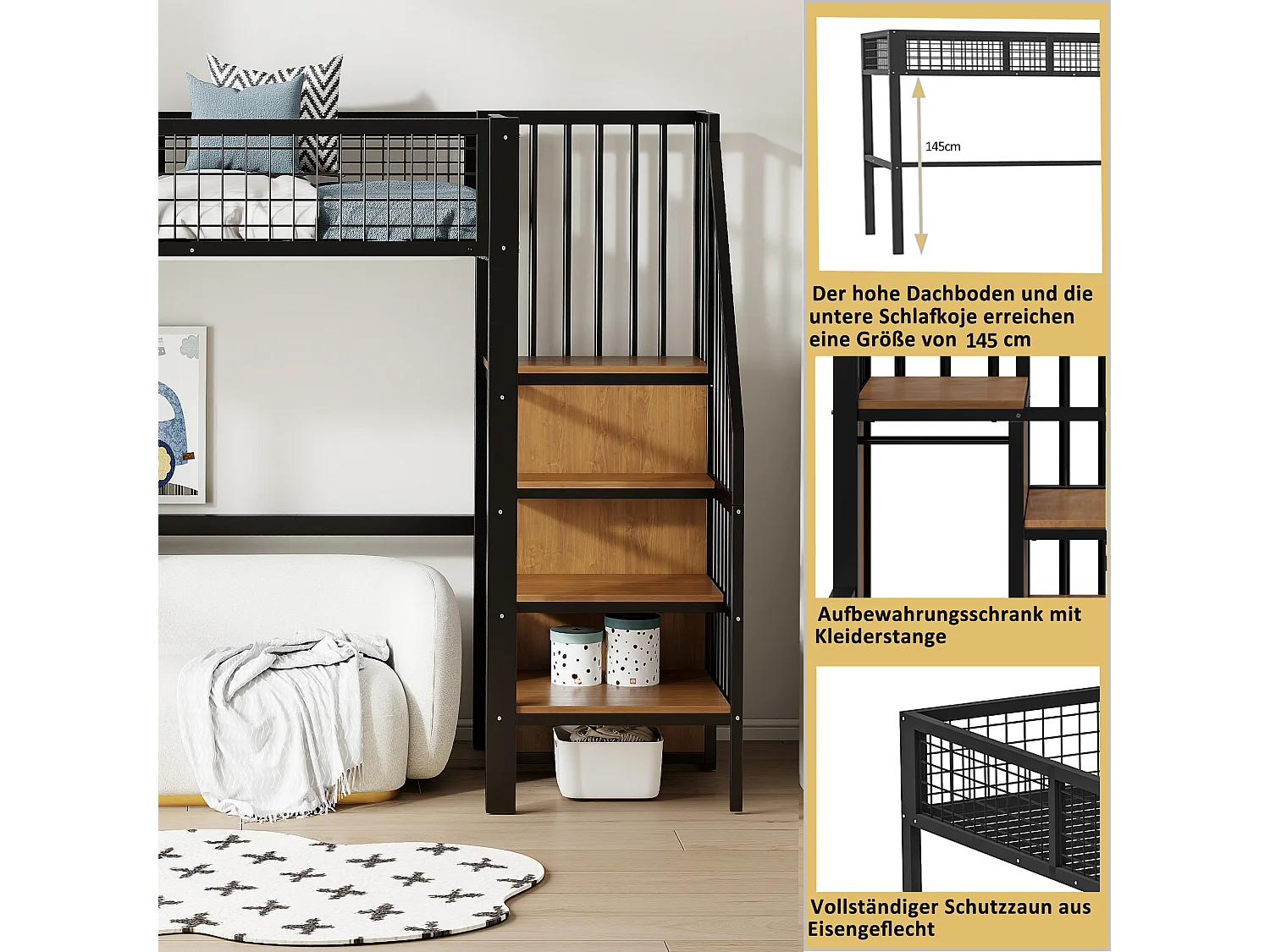 Hochbett aus Metall für Kinder – 90 x 200 cm – mit Leiter und Kleiderschrank – Eisengestell – schwarz