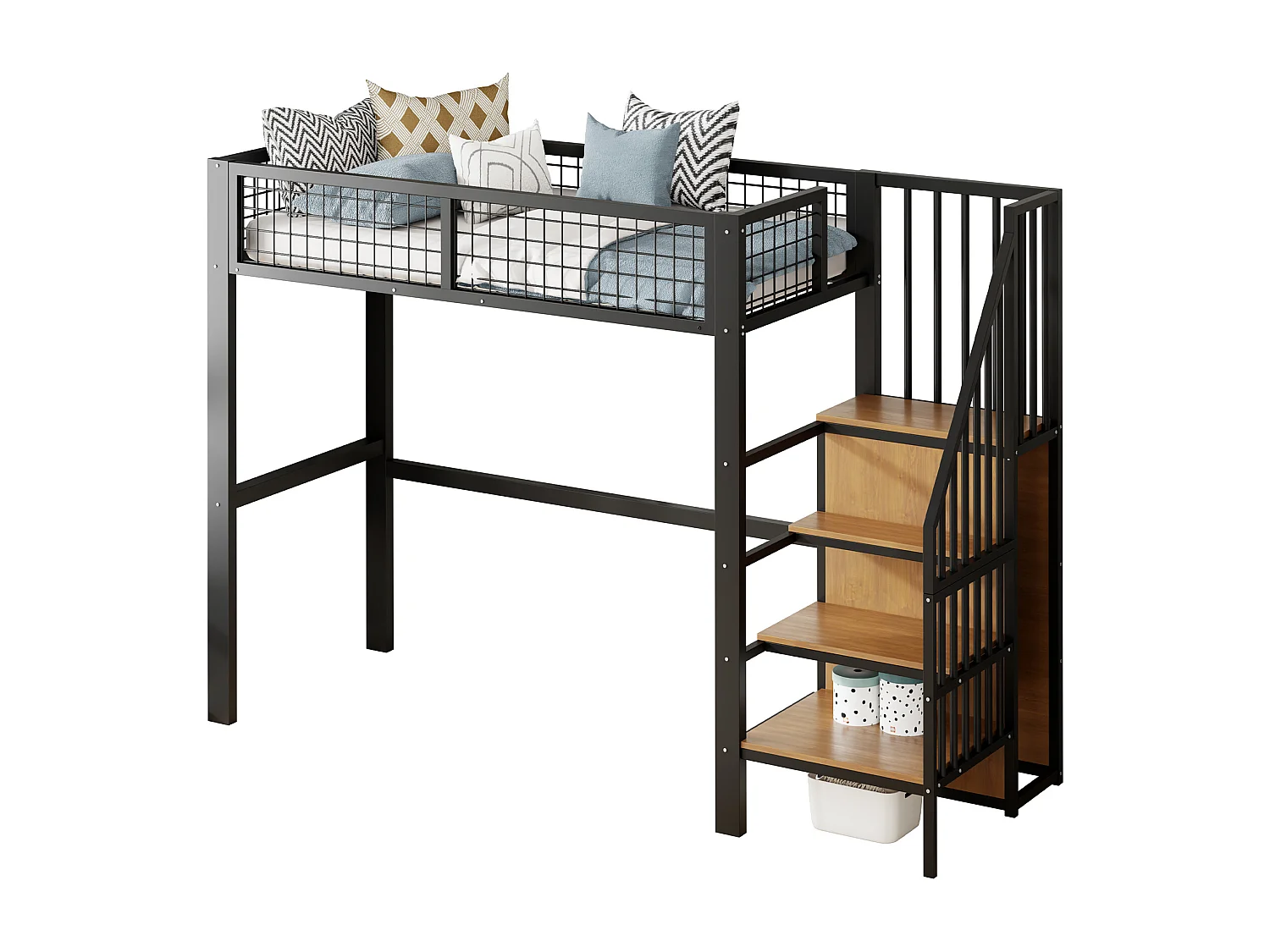 Hochbett aus Metall für Kinder – 90 x 200 cm – mit Leiter und Kleiderschrank – Eisengestell – schwarz