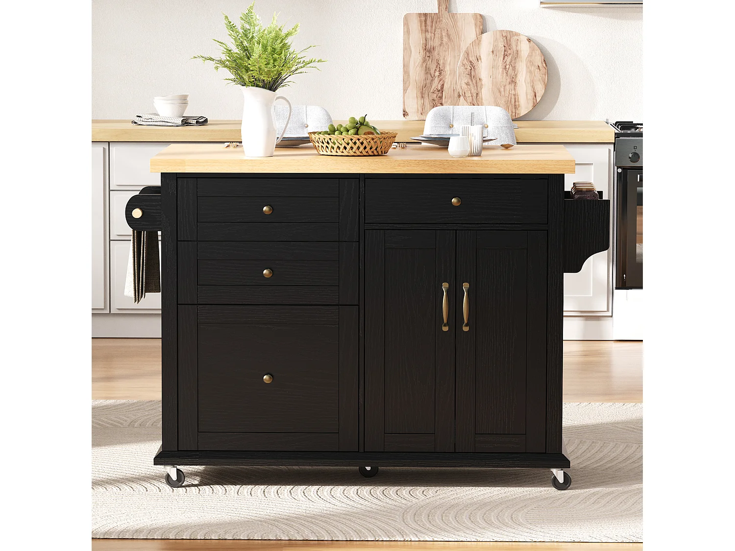 Isla de cocina móvil con mesa de comedor extensible - 107 x 45/70 x 90,5 cm - con puertas + 4 cajones - MDF - negro + natural