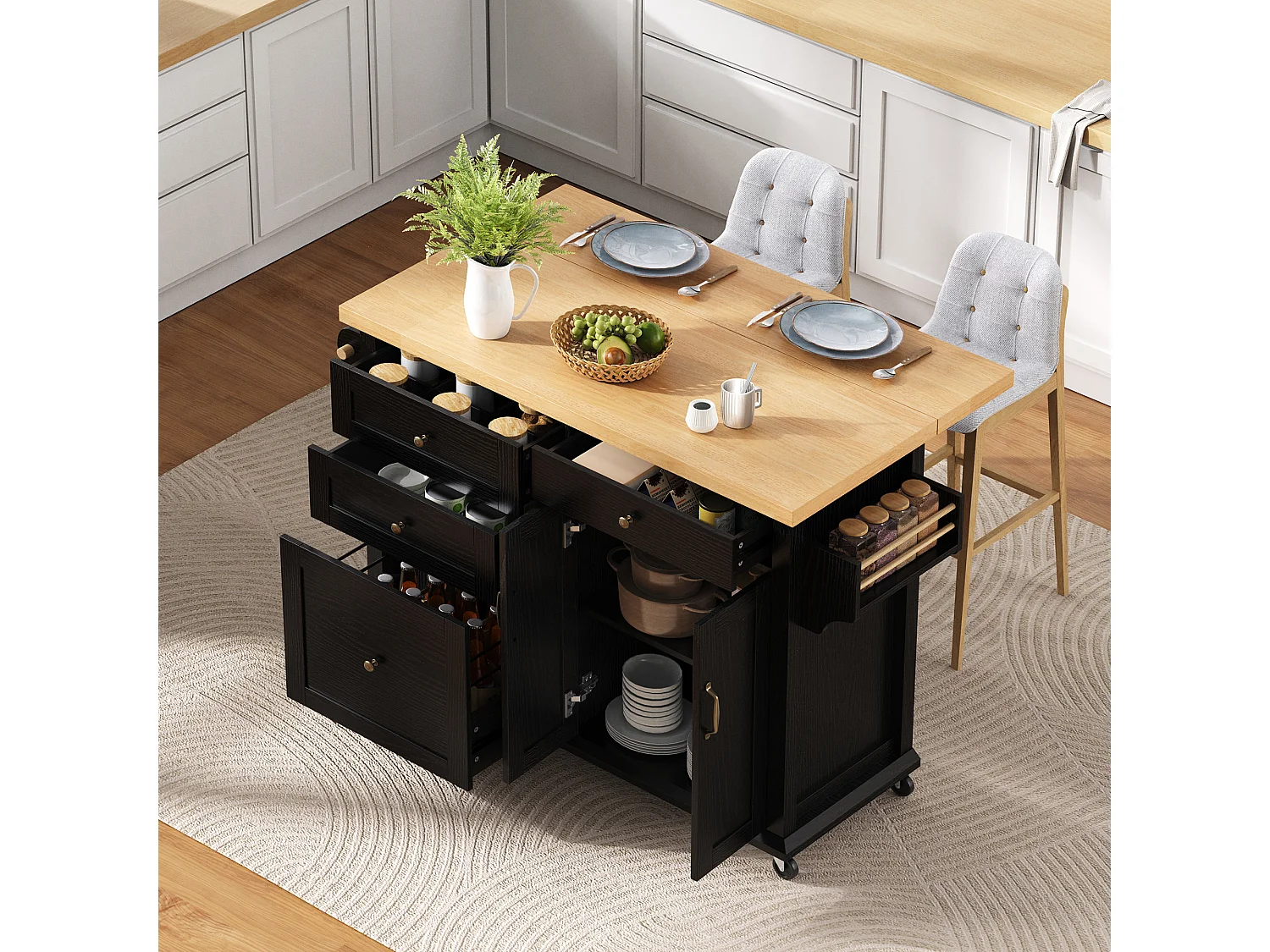 Isla de cocina móvil con mesa de comedor extensible - 107 x 45/70 x 90,5 cm - con puertas + 4 cajones - MDF - negro + natural