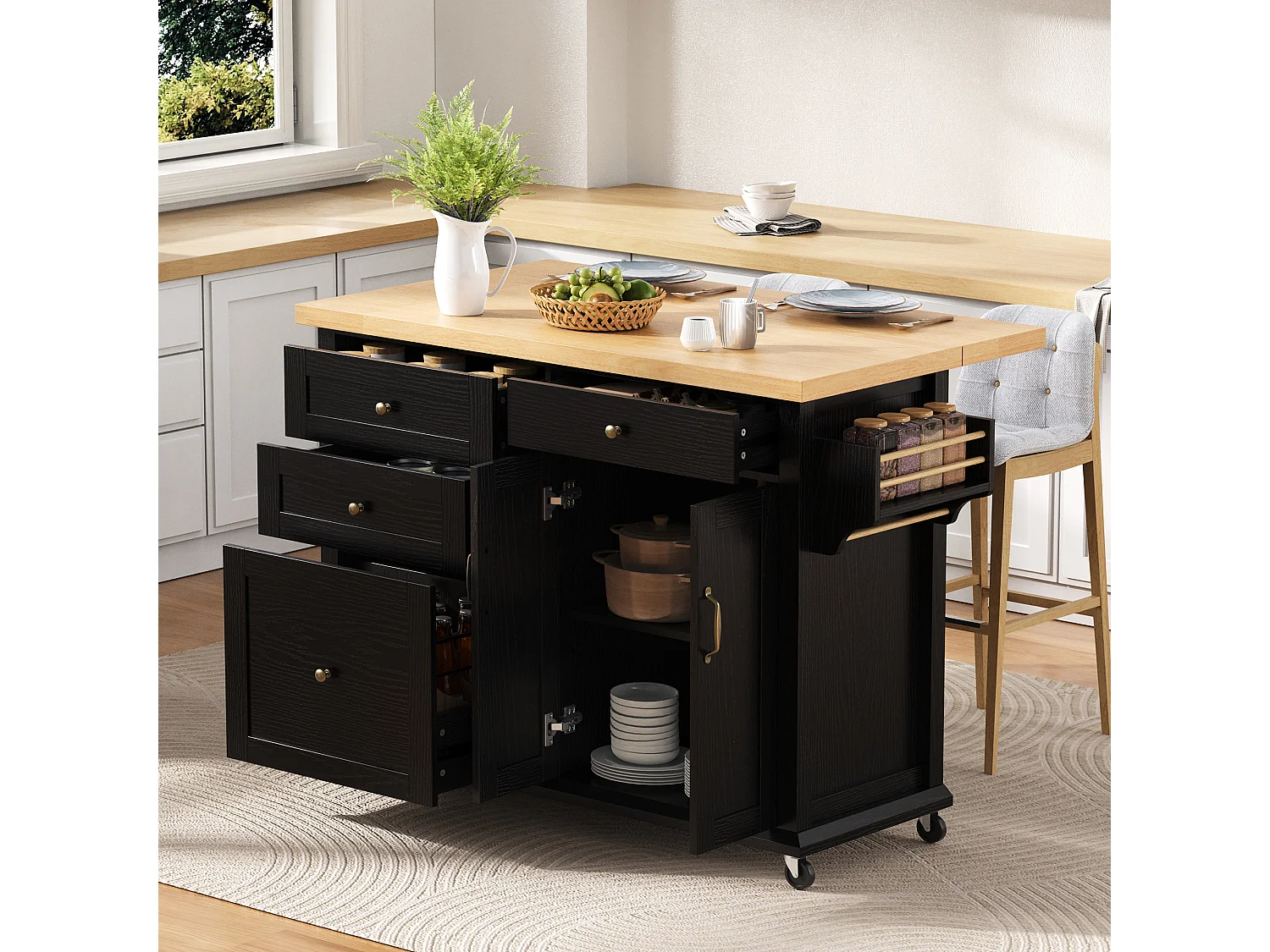 Isla de cocina móvil con mesa de comedor extensible - 107 x 45/70 x 90,5 cm - con puertas + 4 cajones - MDF - negro + natural