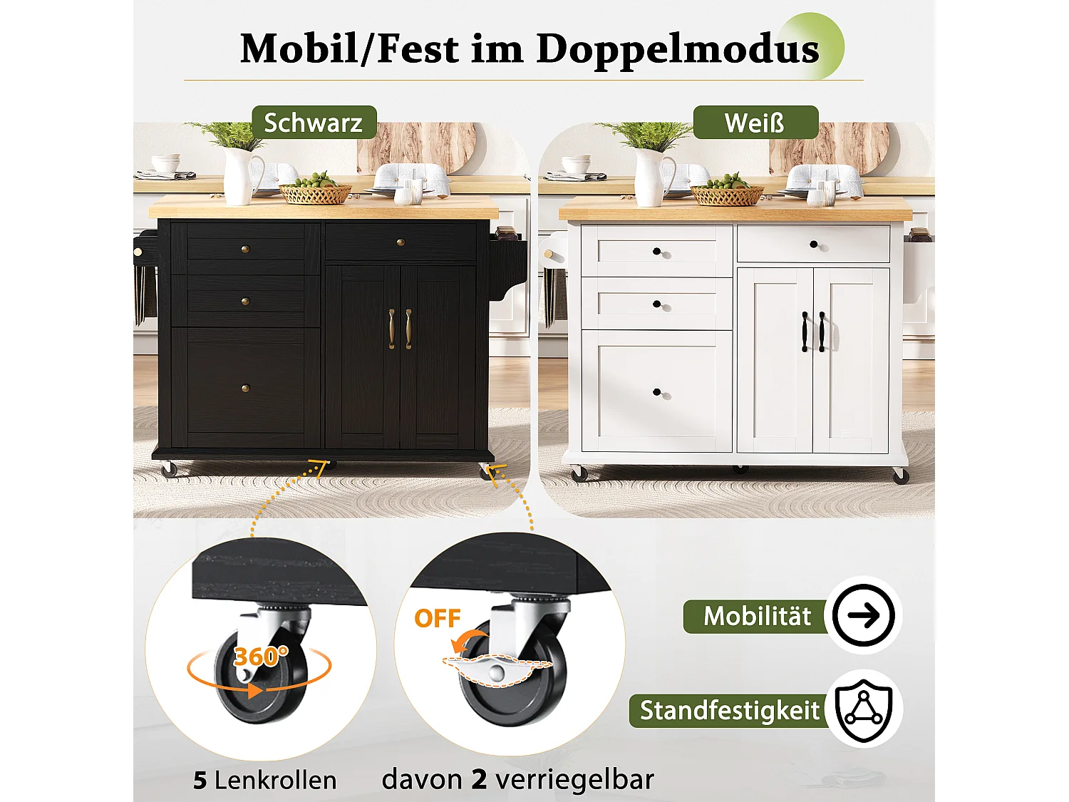 Isla de cocina móvil con mesa de comedor extensible - 107 x 45/70 x 90,5 cm - con puertas + 4 cajones - MDF - negro + natural