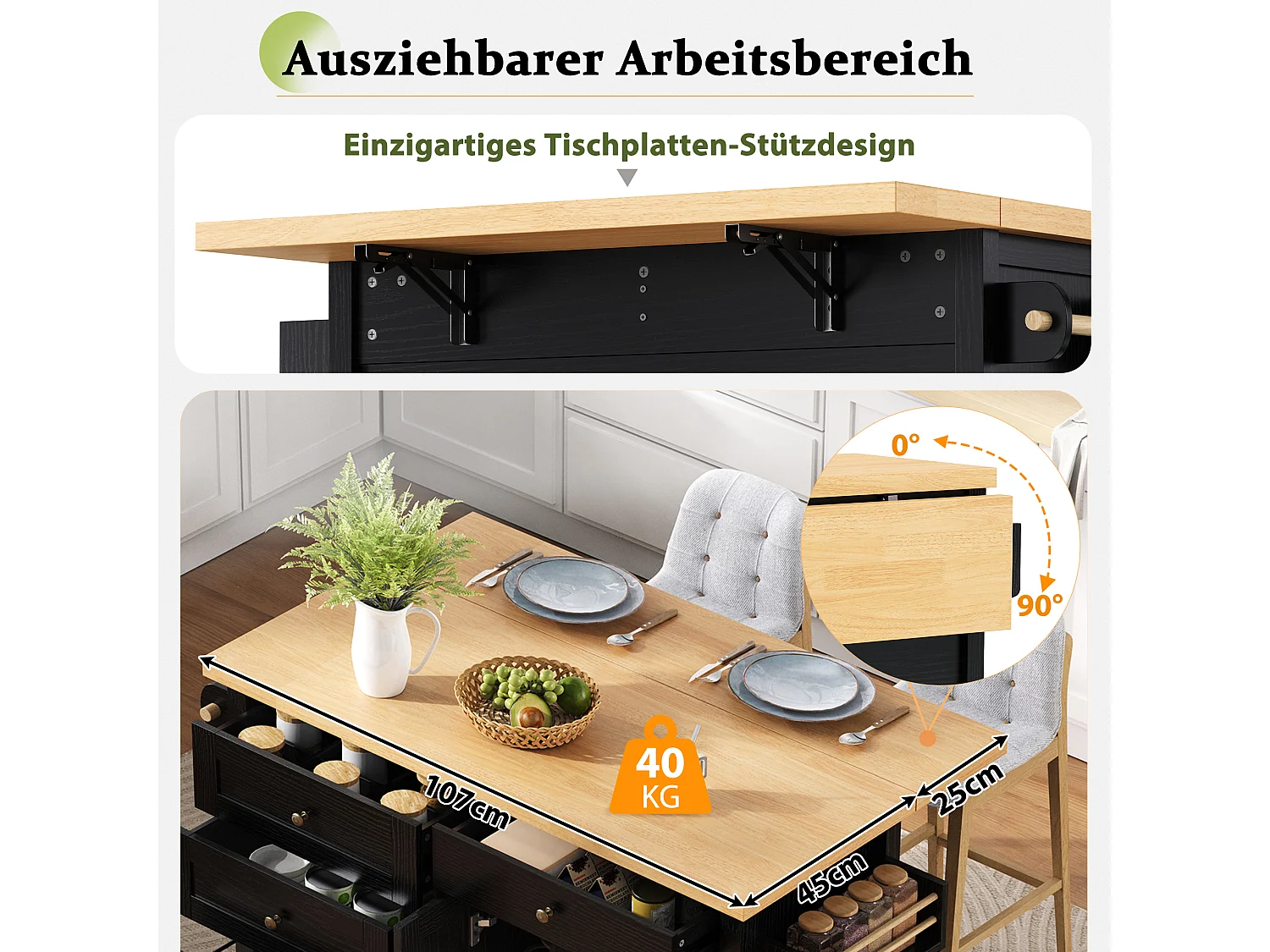 Isla de cocina móvil con mesa de comedor extensible - 107 x 45/70 x 90,5 cm - con puertas + 4 cajones - MDF - negro + natural