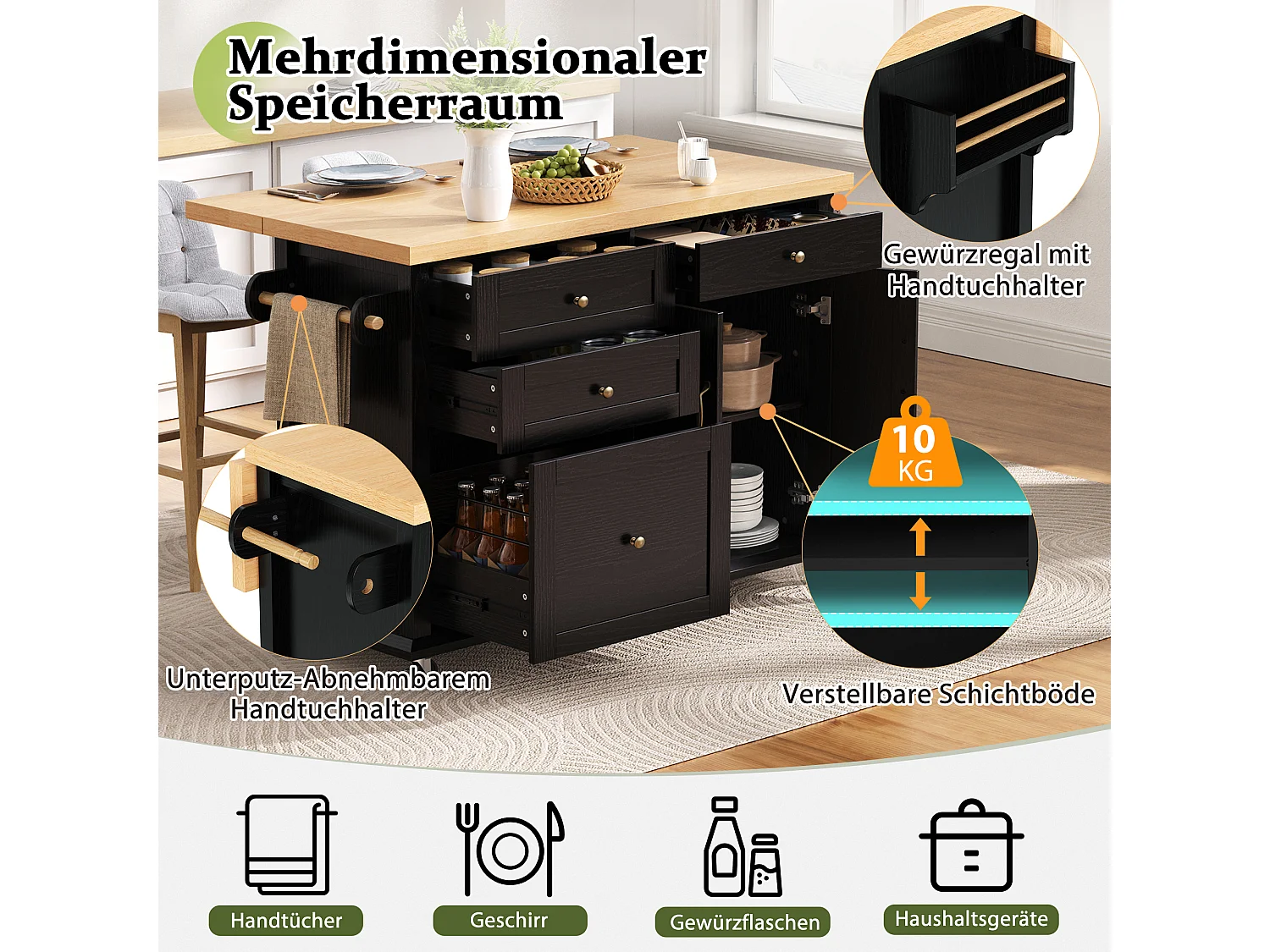 Isla de cocina móvil con mesa de comedor extensible - 107 x 45/70 x 90,5 cm - con puertas + 4 cajones - MDF - negro + natural