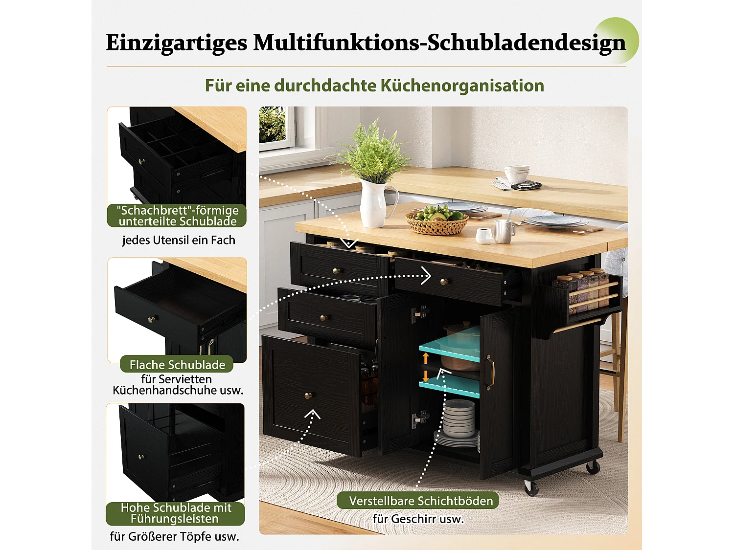 Isla de cocina móvil con mesa de comedor extensible - 107 x 45/70 x 90,5 cm - con puertas + 4 cajones - MDF - negro + natural