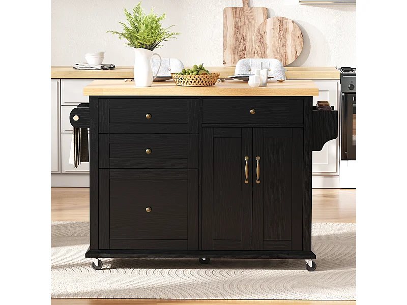 Mobile Kücheninsel mit ausziehbarem Esstisch – 107 x 45/70 x 90,5 cm – mit Türen und 4 Schubladen – MDF – schwarz + natur