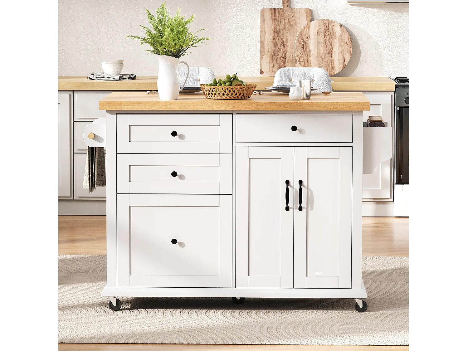 Îlot central mobile avec table à manger extensible - 107 x 45/70 x 90.5 cm - avec portes + 4 tiroirs - MDF - blanc + naturel