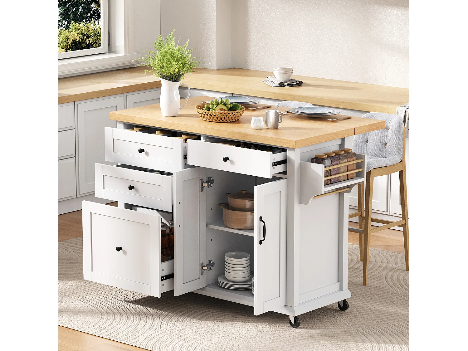 Îlot central mobile avec table à manger extensible - 107 x 45/70 x 90.5 cm - avec portes + 4 tiroirs - MDF - blanc + naturel