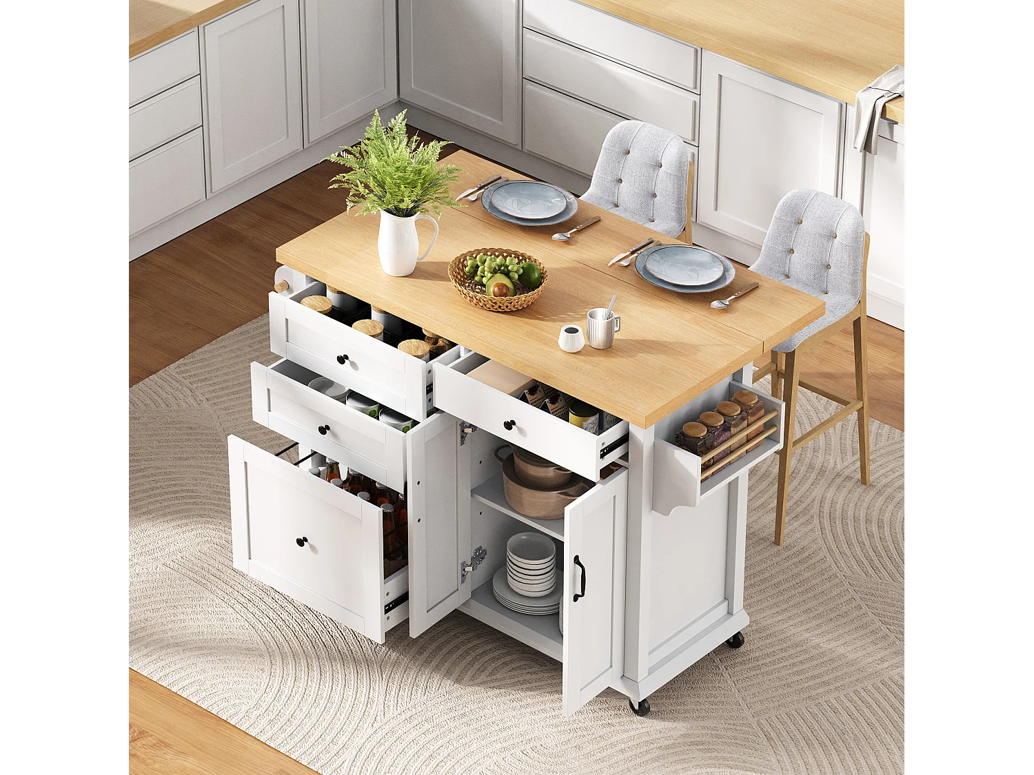 Îlot central mobile avec table à manger extensible - 107 x 45/70 x 90.5 cm - avec portes + 4 tiroirs - MDF - blanc + naturel