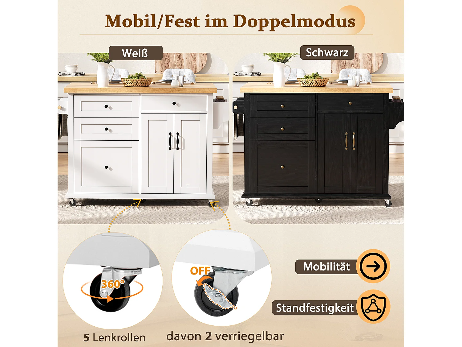 Îlot central mobile avec table à manger extensible - 107 x 45/70 x 90.5 cm - avec portes + 4 tiroirs - MDF - blanc + naturel