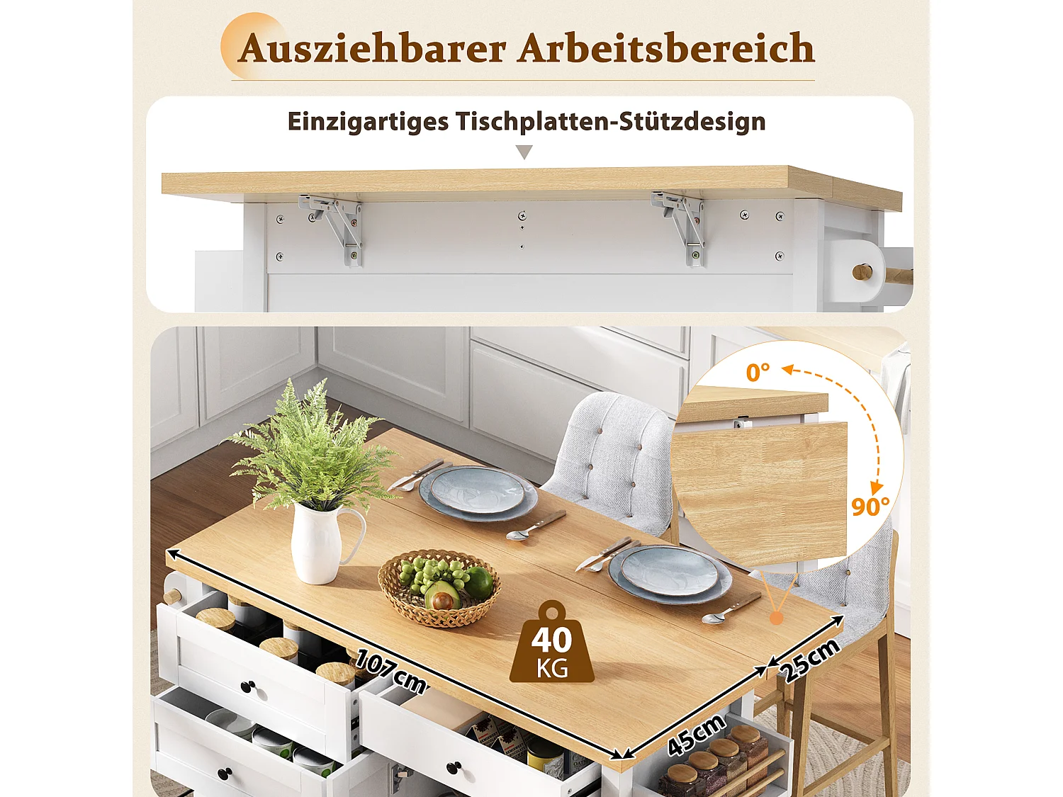 Îlot central mobile avec table à manger extensible - 107 x 45/70 x 90.5 cm - avec portes + 4 tiroirs - MDF - blanc + naturel