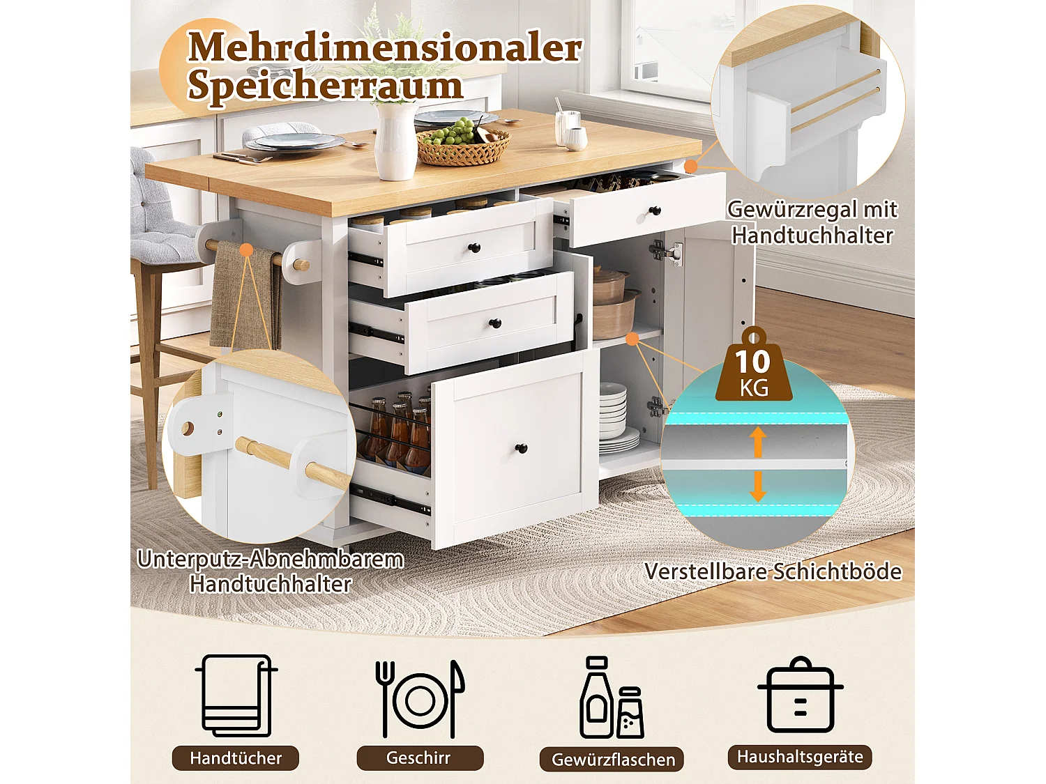 Îlot central mobile avec table à manger extensible - 107 x 45/70 x 90.5 cm - avec portes + 4 tiroirs - MDF - blanc + naturel