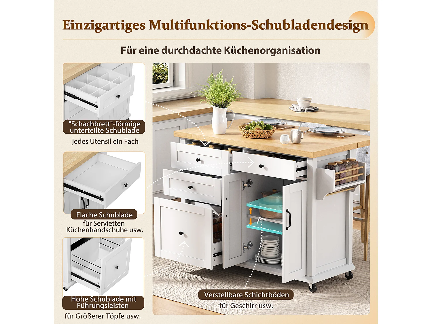 Îlot central mobile avec table à manger extensible - 107 x 45/70 x 90.5 cm - avec portes + 4 tiroirs - MDF - blanc + naturel