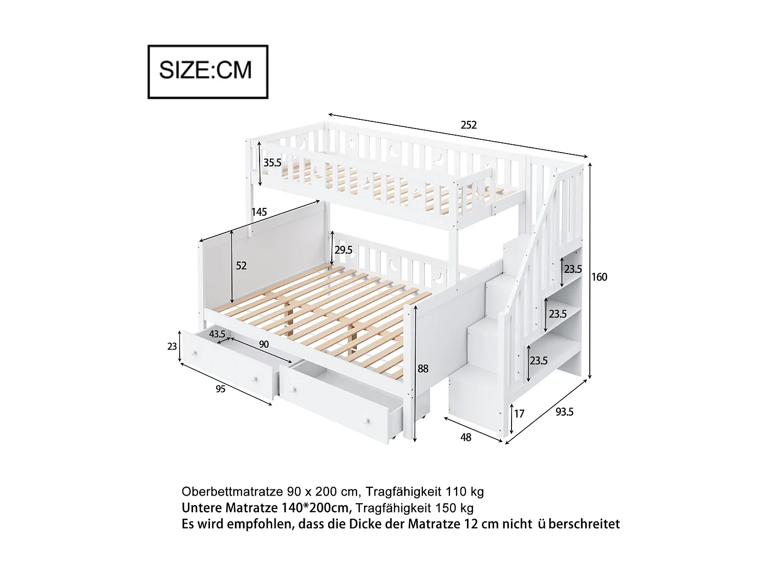 Kinderbett 90*200/140*200cm, Etagenbett aus Massivholz mit Sicherheitstreppe, zwei großen Schubladen und Lattenrost, weiß