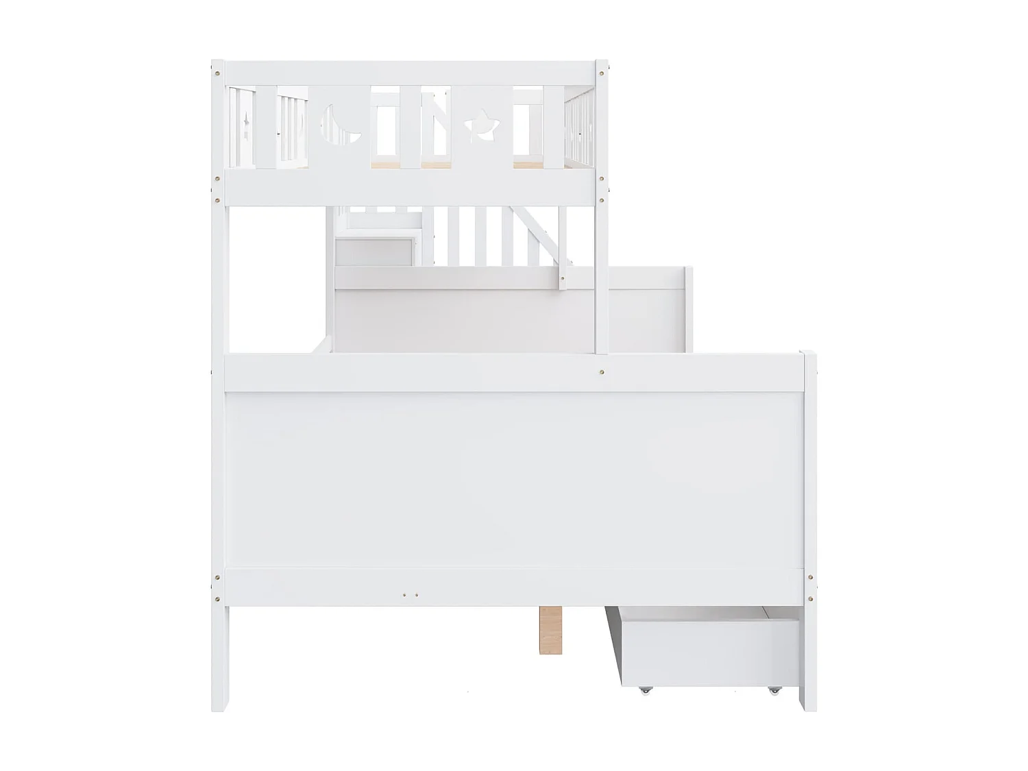 Kinderbett 90*200/140*200cm, Etagenbett aus Massivholz mit Sicherheitstreppe, zwei großen Schubladen und Lattenrost, weiß