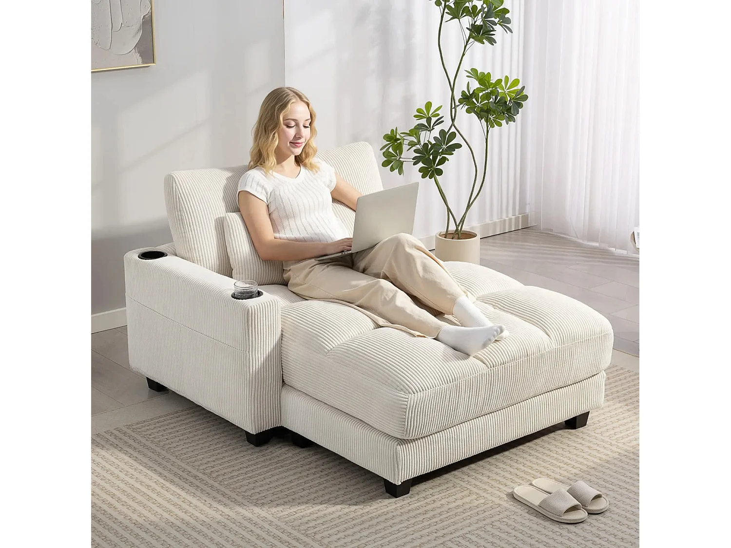 Sofa-Bett mit Kissen, Schaumstoff, zum Bett umwandelbar, Becherhalter, Cremeweiß