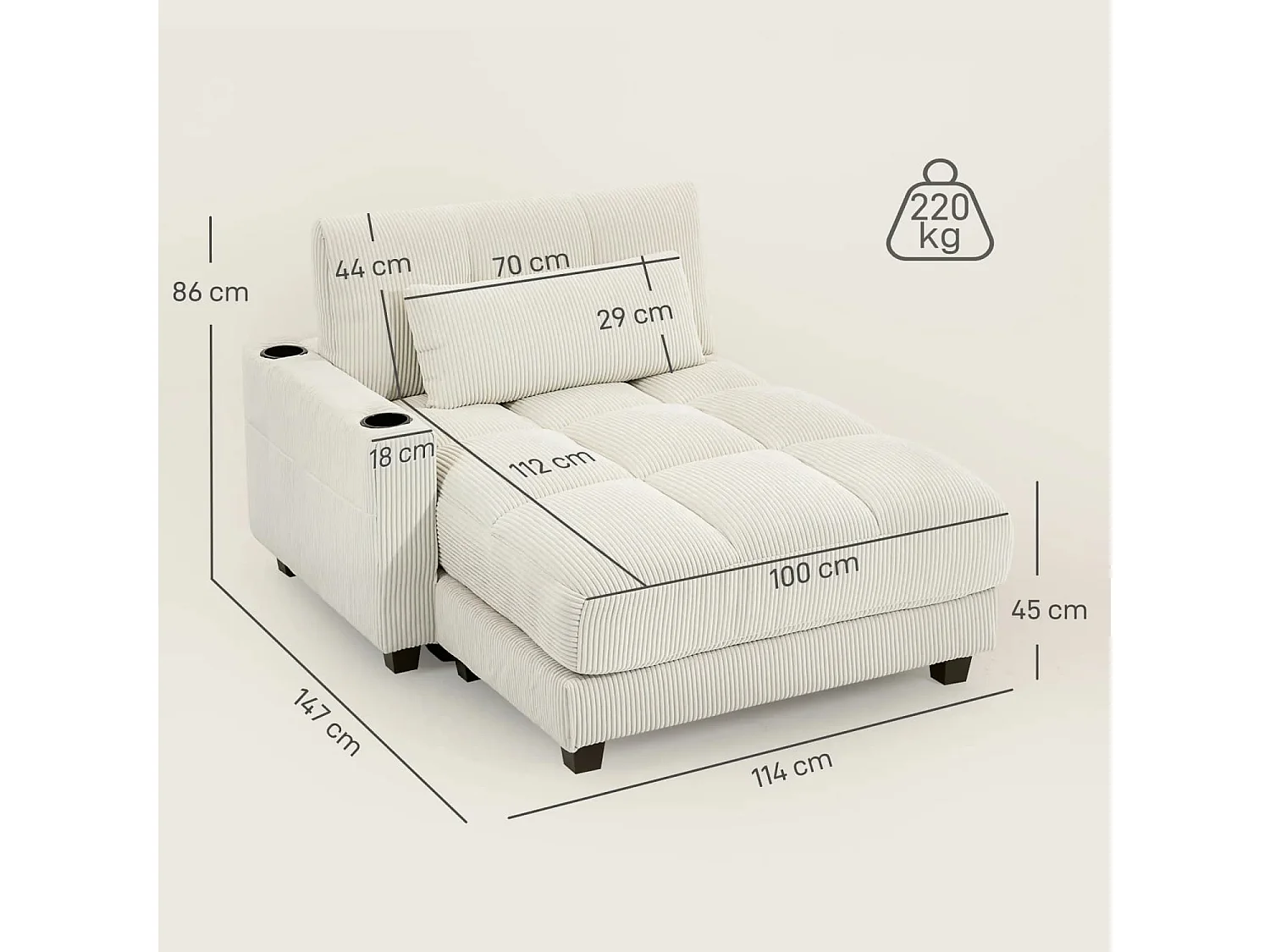 Sofa-Bett mit Kissen, Schaumstoff, zum Bett umwandelbar, Becherhalter, Cremeweiß