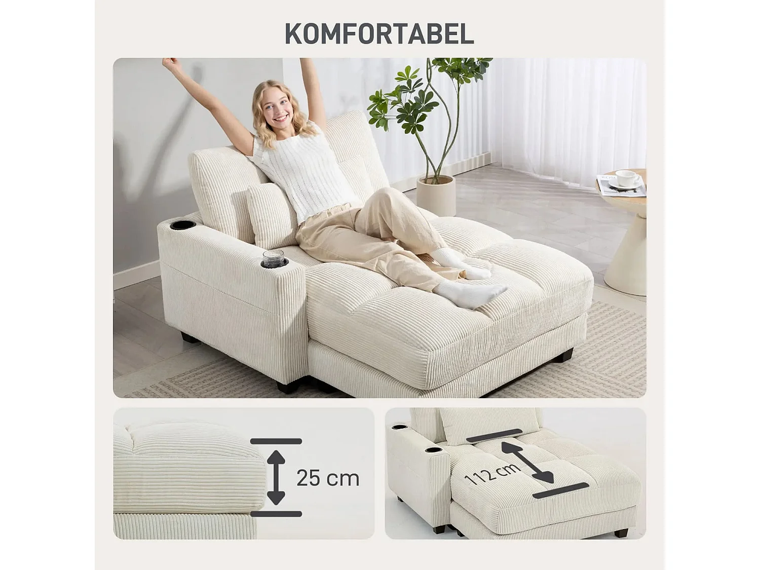 Sofa-Bett mit Kissen, Schaumstoff, zum Bett umwandelbar, Becherhalter, Cremeweiß