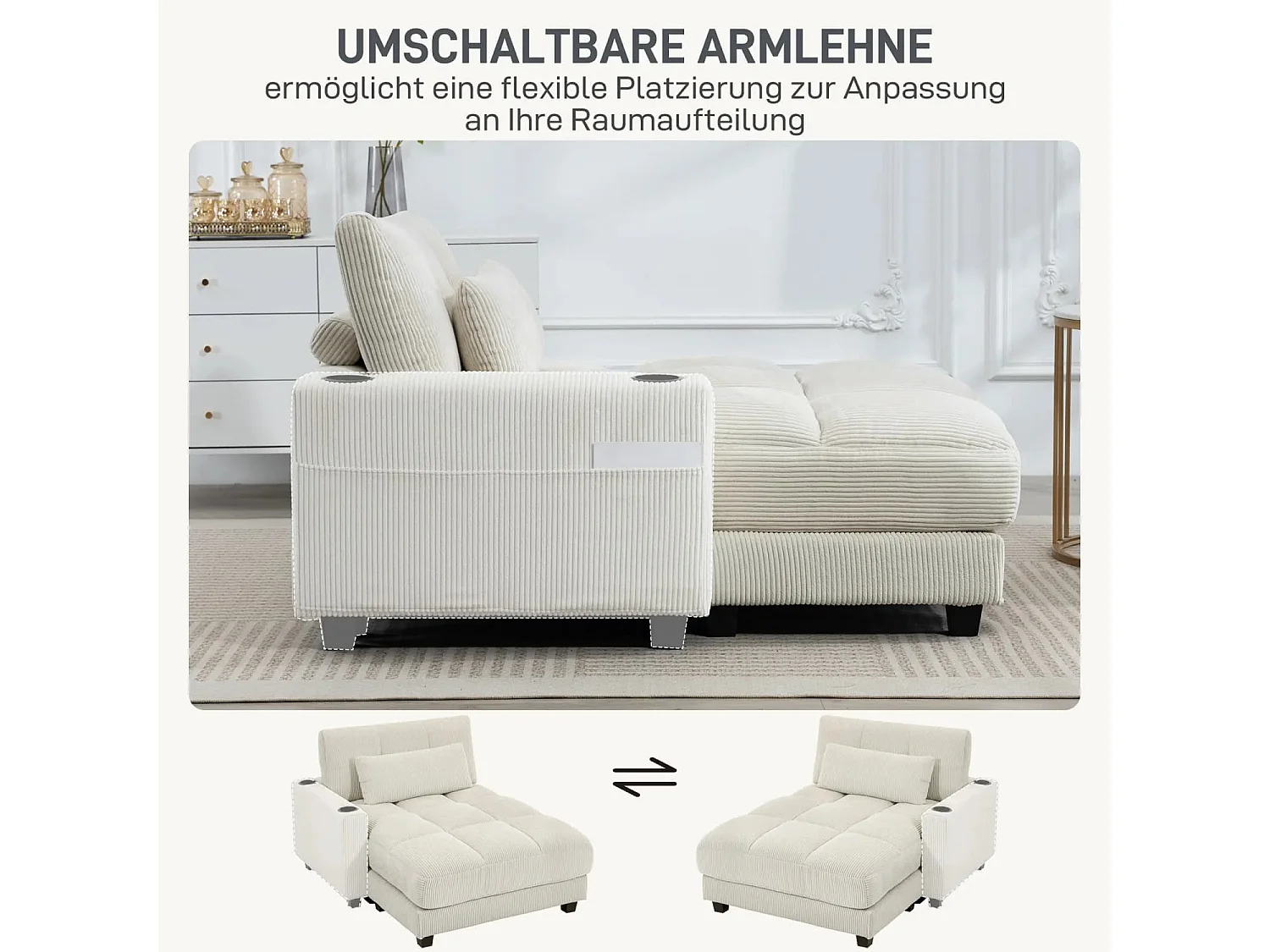 Sofa-Bett mit Kissen, Schaumstoff, zum Bett umwandelbar, Becherhalter, Cremeweiß