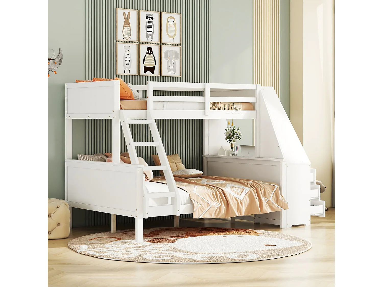 90*200cm+140*200cm Etagenbett, Kinderbett, ausgestattet mit Tisch, großer Stauraum, hohes Geländer,Leiterposition optional, Weiß