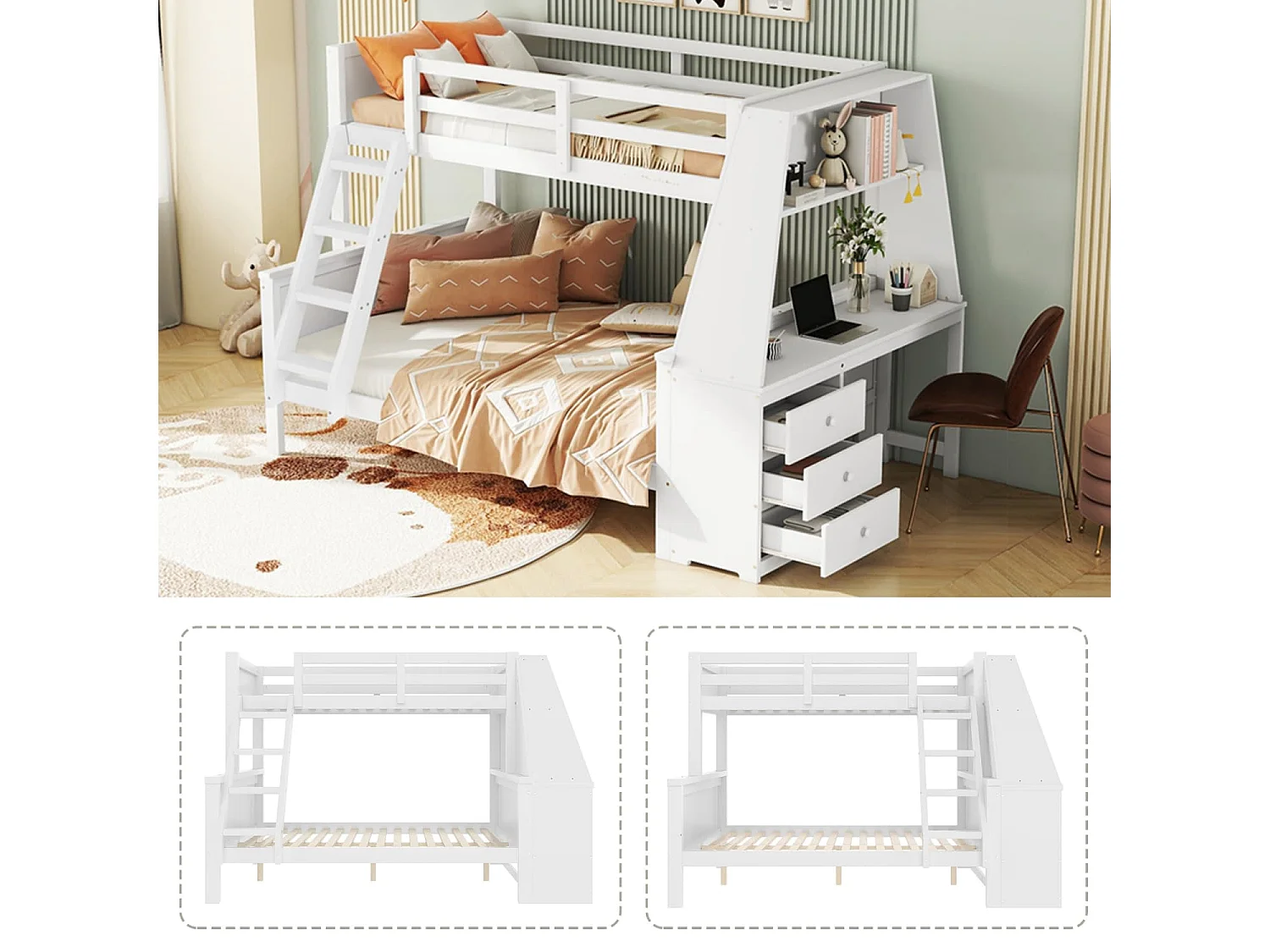 90*200cm+140*200cm Etagenbett, Kinderbett, ausgestattet mit Tisch, großer Stauraum, hohes Geländer,Leiterposition optional, Weiß