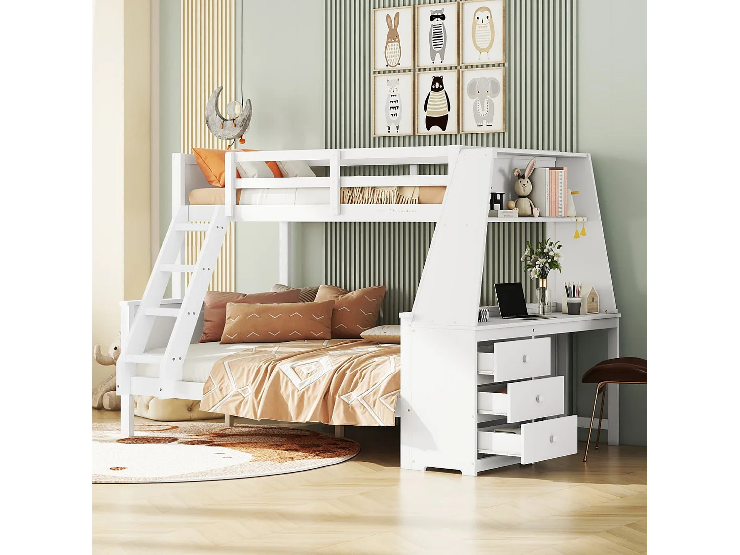 90*200cm+140*200cm Etagenbett, Kinderbett, ausgestattet mit Tisch, großer Stauraum, hohes Geländer,Leiterposition optional, Weiß