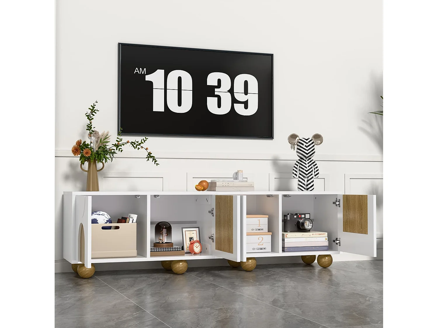 TV-Schrank mit vier Türen, TV-Ständer, TV-Paneel, niedriger TV-Ständer. Einzigartiges Design, Vintage-Holzmaserung. 175 x 38 x 50 cm (L x B x H）