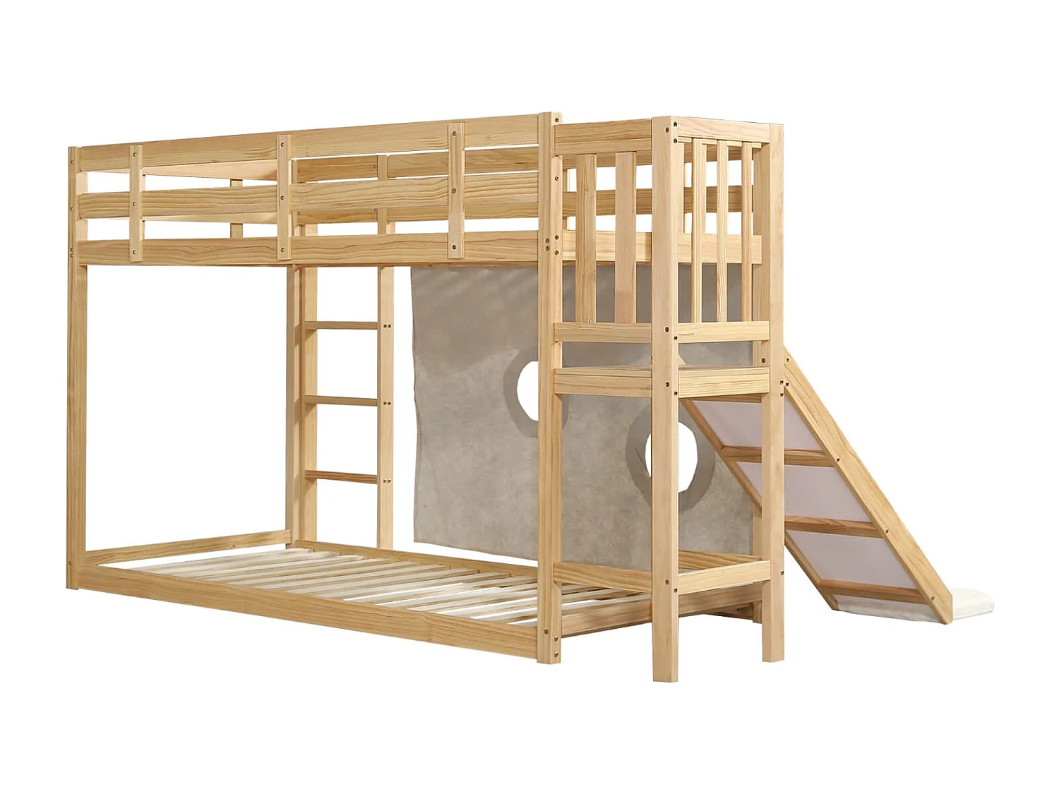 Etagenbett, Holzbett mit Treppe und Zäune, mit Bettvorhang, Rutsche, Kinderbett mit Fallschutz und Gitter, MDF+Kiefer, Natur, 90x200cm