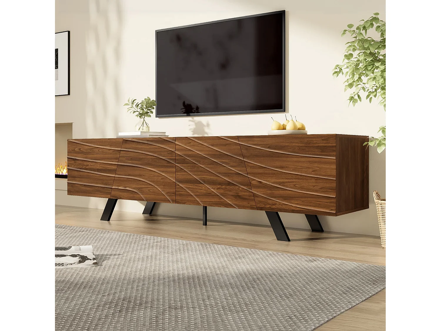 Moderner TV-Schrank mit Wellenfront – Lowboard im Walnuss-Look mit schwarzen Eisenbeinen, großem Stauraum, Kabelmanagement & Ablage – TV-Möbel