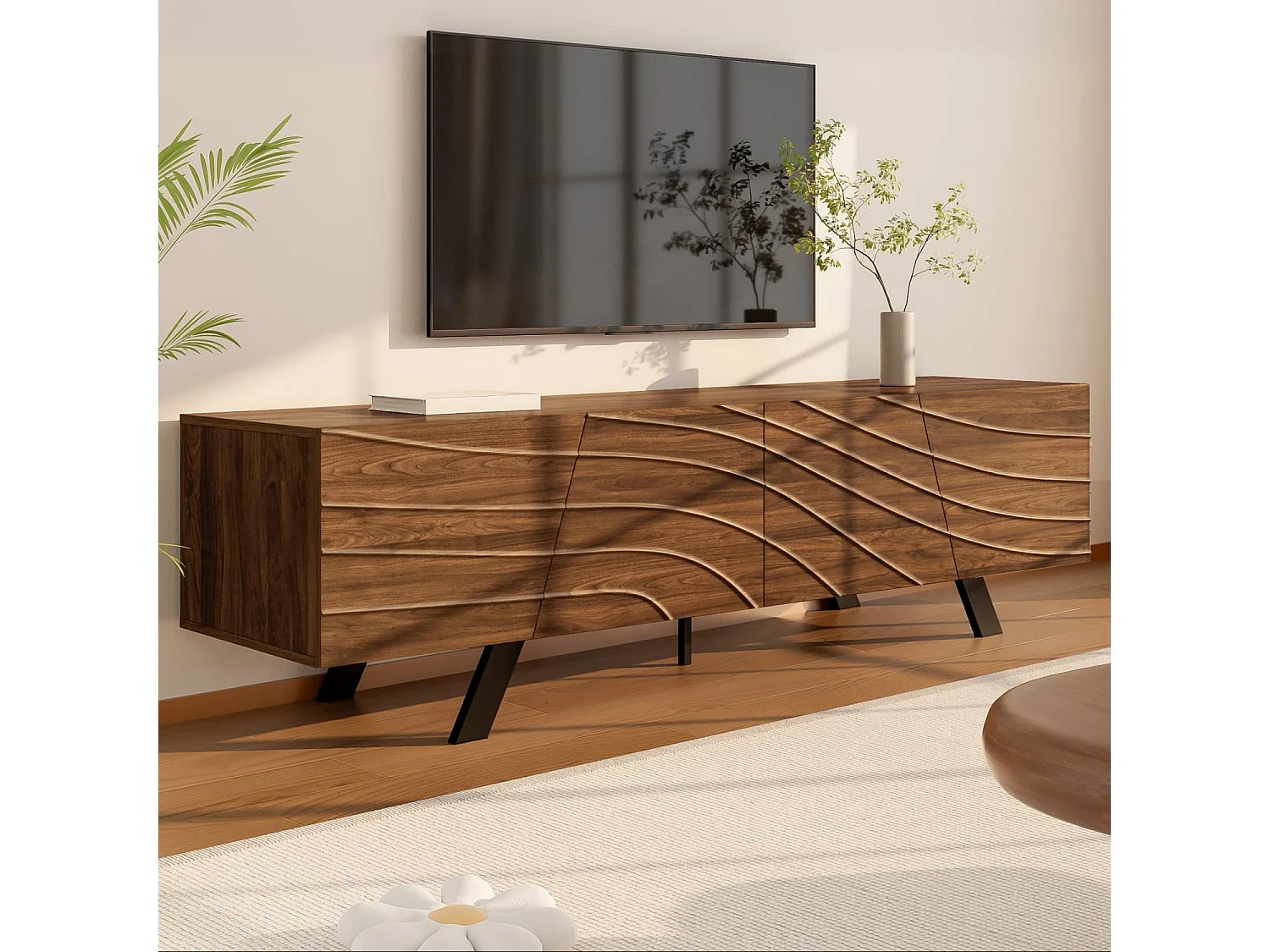 Moderner TV-Schrank mit Wellenfront – Lowboard im Walnuss-Look mit schwarzen Eisenbeinen, großem Stauraum, Kabelmanagement & Ablage – TV-Möbel