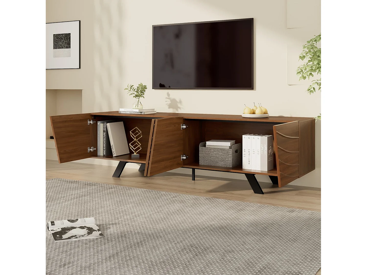 Moderner TV-Schrank mit Wellenfront – Lowboard im Walnuss-Look mit schwarzen Eisenbeinen, großem Stauraum, Kabelmanagement & Ablage – TV-Möbel